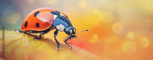 Macro shot of a ladybug on a leaf, vibrant bokeh background. Nature and wildlife concept