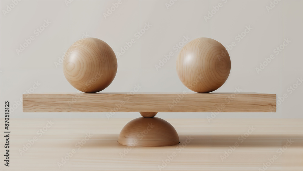 Two Wooden Spheres Balancing on Seesaw, Minimalist Background with Copy Space