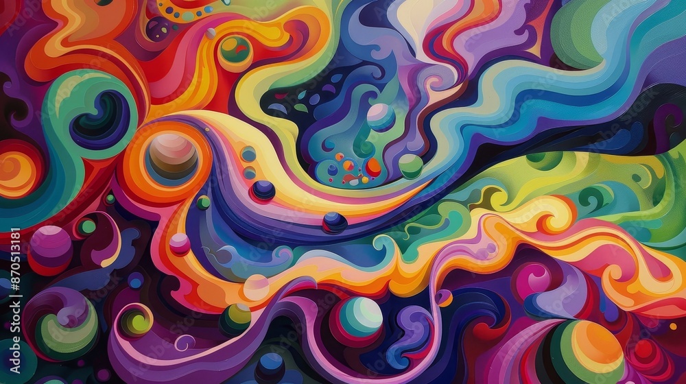 A colorful painting of a swirling galaxy with many different colored spheres A colorful painting of a swirling galaxy with many different colored spheres