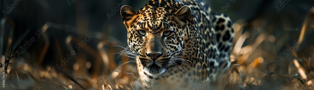 Naklejka premium Close-up of a jaguar's face with a blurred background.