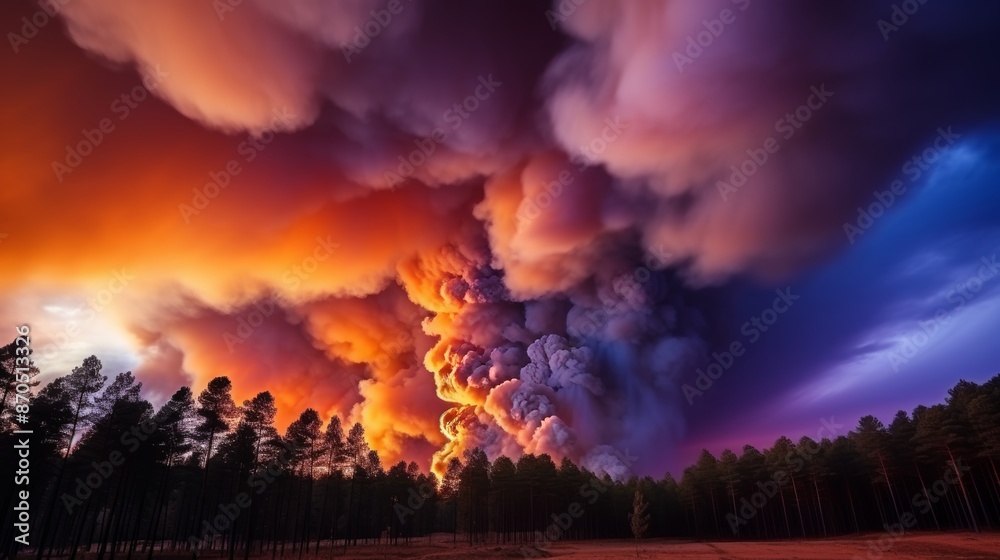 Intense forest fire at sunset ominous smoke clouds darken the sky in a raging blaze Intense forest fire at sunset ominous smoke clouds darken the sky in a raging blaze