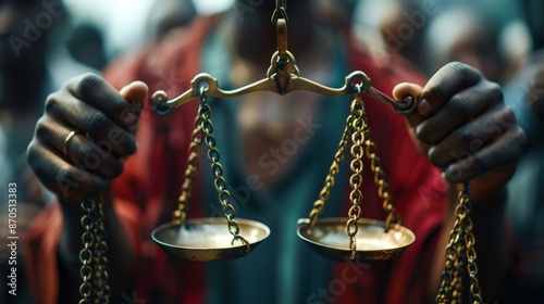 Closeup of hands holding scales of justice, symbolizing balance and fairness. photo