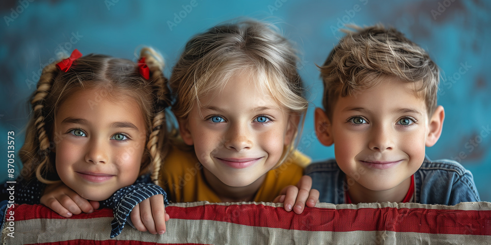 Celebrate Memorial Day, Independence Day! Banner with Copy Space, USA American Flag and children wrapped in it, blue background Celebrate Memorial Day, Independence Day! Banner with Copy Space, USA American Flag and children wrapped in it, blue background