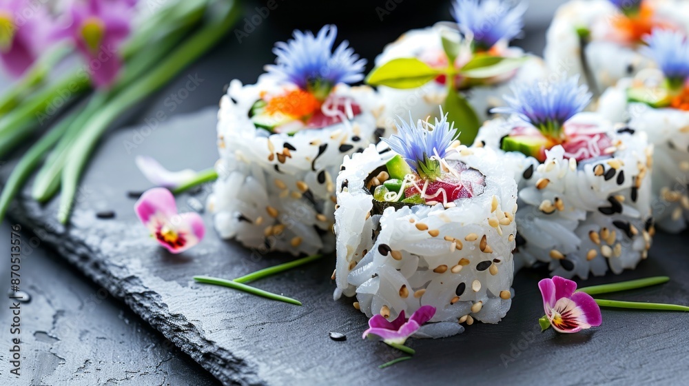 Exquisite Gourmet Sushi Platter with Edible Flowers