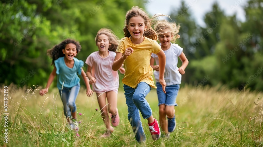 Four happy children run through a grassy field on a sunny day. Four happy children run through a grassy field on a sunny day.