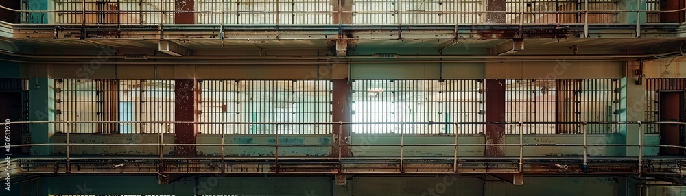 Fototapeta premium Grungy, weathered building with barred windows.