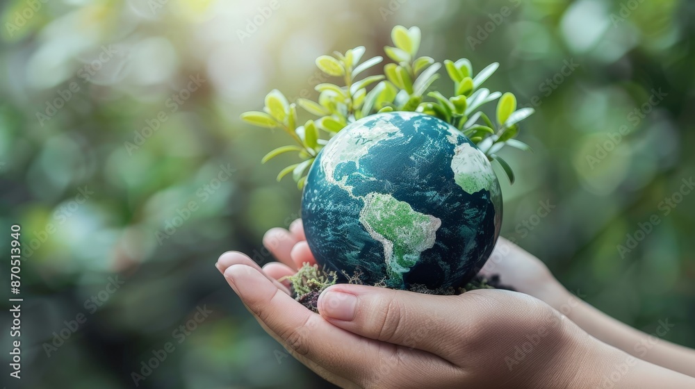 Hands gently cradling a globe with growing green plants, symbolizing environmental care and sustainability. Hands gently cradling a globe with growing green plants, symbolizing environmental care and sustainability.