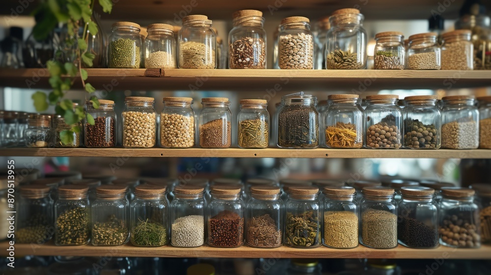 kitchenware, glass jars with beans, pasta and grains on metal green shelf at cabinet. storage food concept and order at kitchen kitchenware, glass jars with beans, pasta and grains on metal green shelf at cabinet. storage food concept and order at kitchen