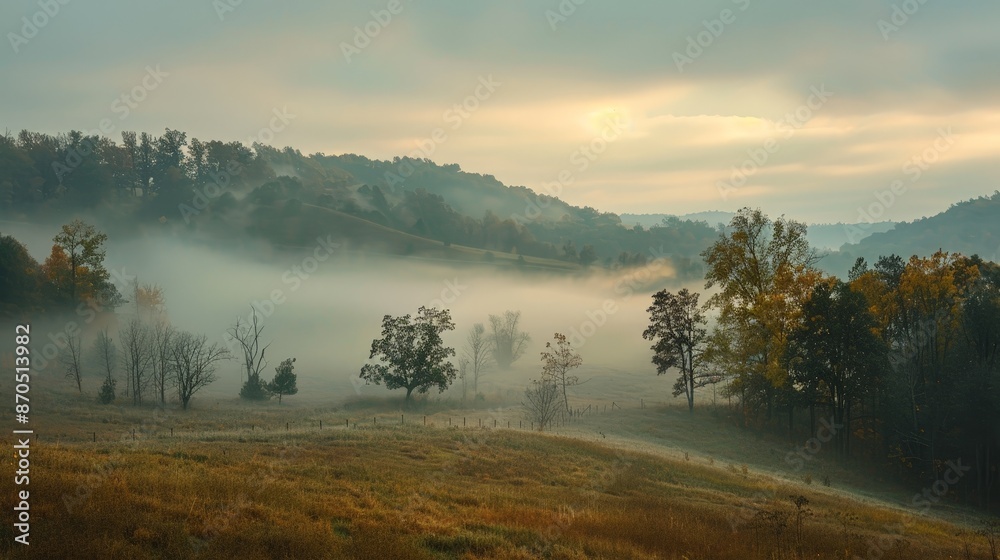 Fog blankets the landscape in a soft embrace, veiling the world in mystery as autumn mornings dawn. Fog blankets the landscape in a soft embrace, veiling the world in mystery as autumn mornings dawn.