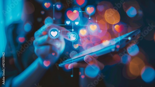 Hand interacting with a tablet, surrounded by glowing hearts, symbolizing social media interaction and online love. photo