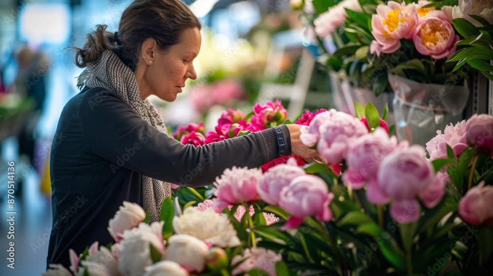 A woman browses a display of pink peonies at a flower shop in Hamburg, Germany A woman browses a display of pink peonies at a flower shop in Hamburg, Germany