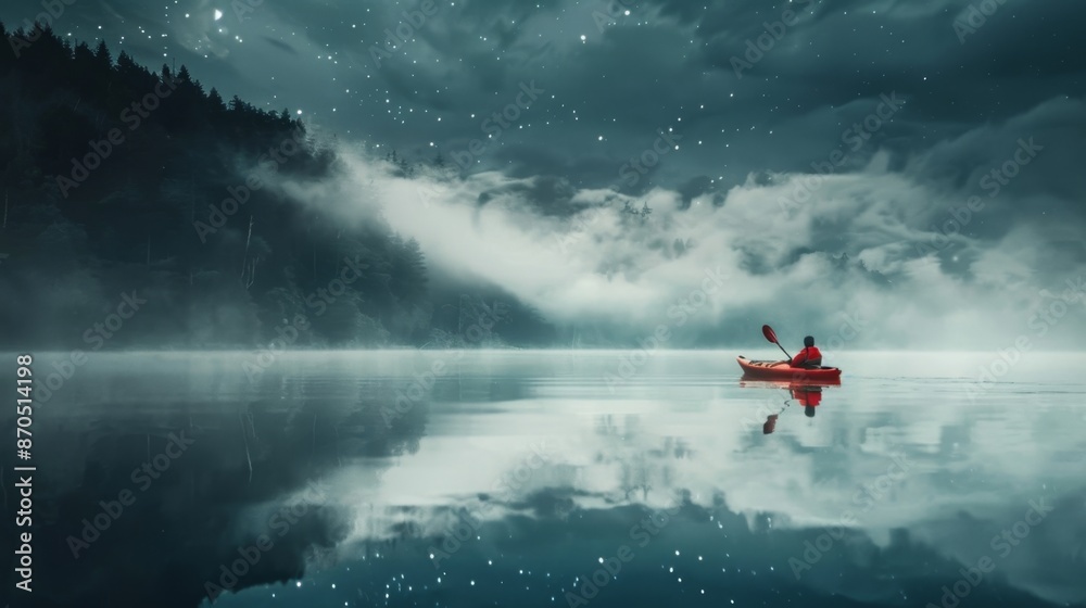 Serene Night Canoeing Under Starlit Sky Reflecting on Calm Water Serene Night Canoeing Under Starlit Sky Reflecting on Calm Water