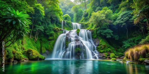 A serene waterfall cascading through lush green forest scenery, waterfall, forest, nature, tranquil, scenery, landscape, majestic