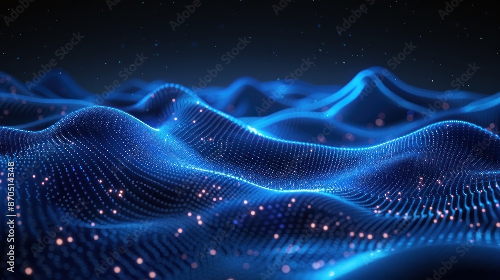 Abstract digital wave pattern with blue glowing dots and lines against a dark background Abstract digital wave pattern with blue glowing dots and lines against a dark background