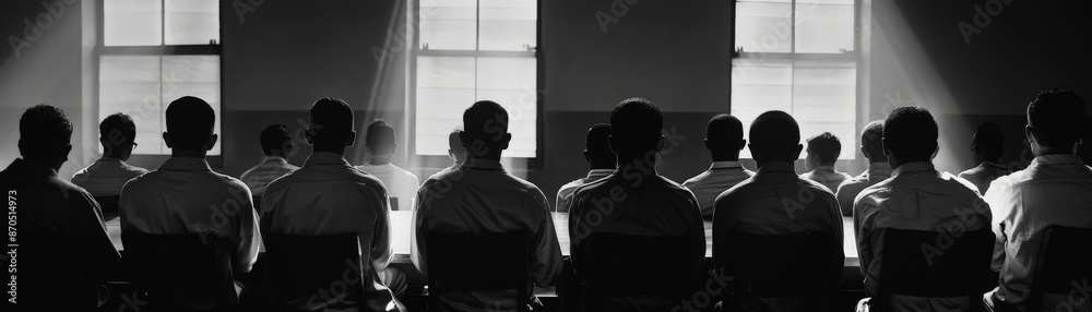 Silhouettes of people standing in a room, backlit by a window. Silhouettes of people standing in a room, backlit by a window.
