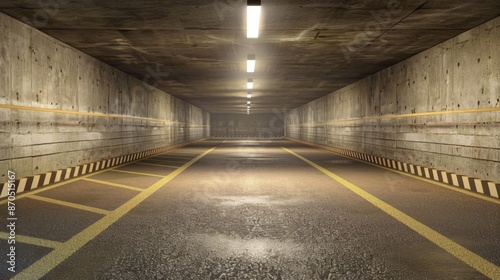 Illuminated underground parking lot with empty spaces