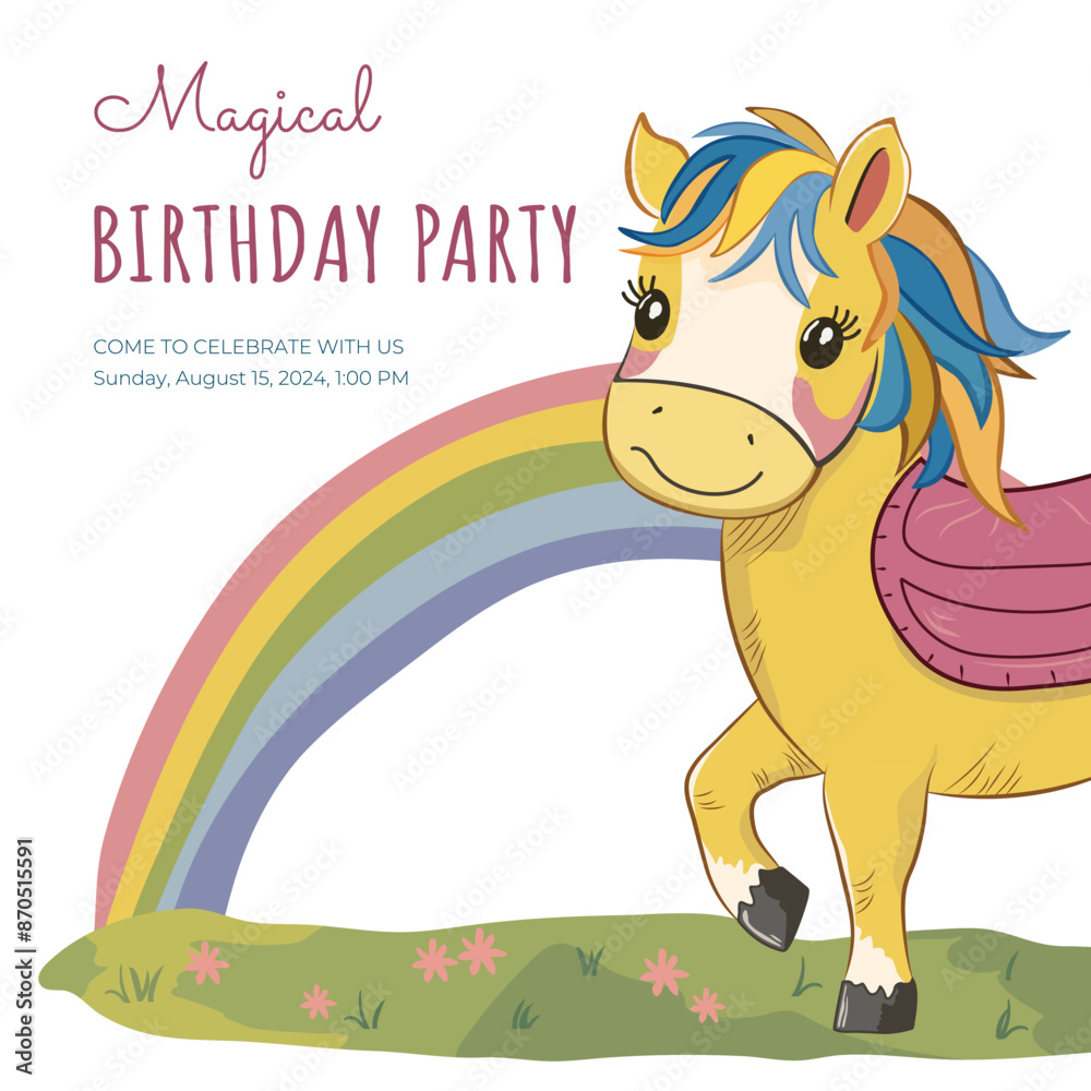 Obraz premium Birthday card. Cute pony standing in a flower meadow. Rainbow, flowers. Vector illustration on white background. Happy cute pony. For invitation, greeting card