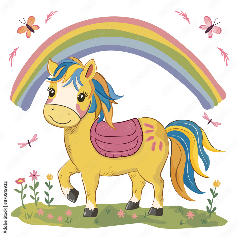 Cute pony standing in a flower meadow. Rainbow, butterflies, flowers. Vector illustration on white background. Happy cute pony. For invitation, greeting card, poster, stickers Cute pony standing in a flower meadow. Rainbow, butterflies, flowers. Vector illustration on white background. Happy cute pony. For invitation, greeting card, poster, stickers