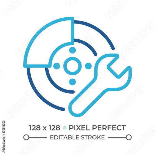 Car disc brake repair two color line icon. Auto repair service. Brake replacement. Automotive part bicolor outline symbol. Duotone linear pictogram. Isolated illustration. Editable stroke