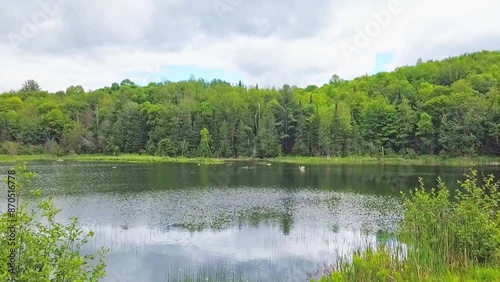 Drone view in mid-air coming down slowly over a quiet lake showing the reflection of the beautiful sky in the water on a beautiful summer day