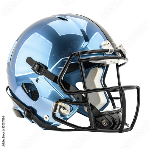 Shiny blue American football helmet with a black faceguard, isolated on a white background, showcasing sports gear and safety equipment.