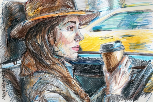 Wallpaper Mural Young woman in hat driving car and drinking takeaway coffee - colorful pencil drawing Torontodigital.ca