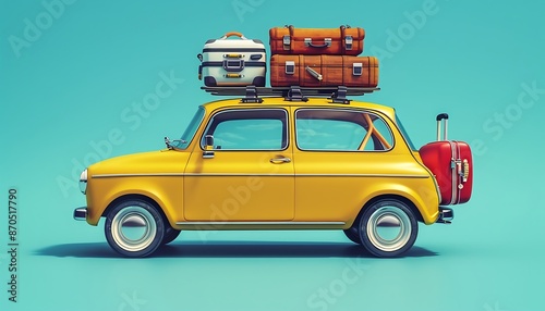 Vintage car with suitcases on the roof. 3d rendering