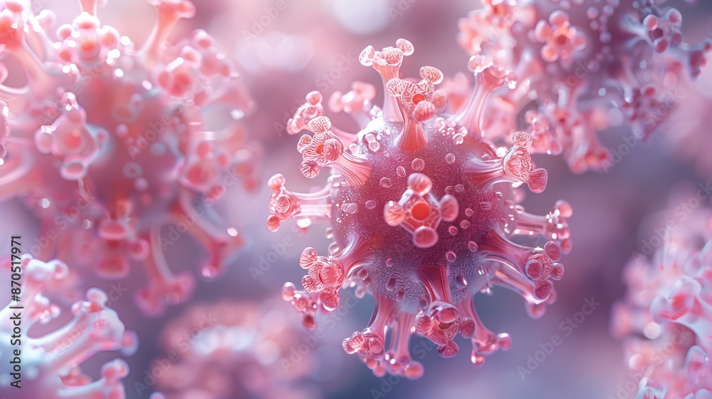 Close-up view of a virus structure with detailed spikes, showcasing intricate design and vivid colors, suitable for scientific and medical purposes. Close-up view of a virus structure with detailed spikes, showcasing intricate design and vivid colors, suitable for scientific and medical purposes.