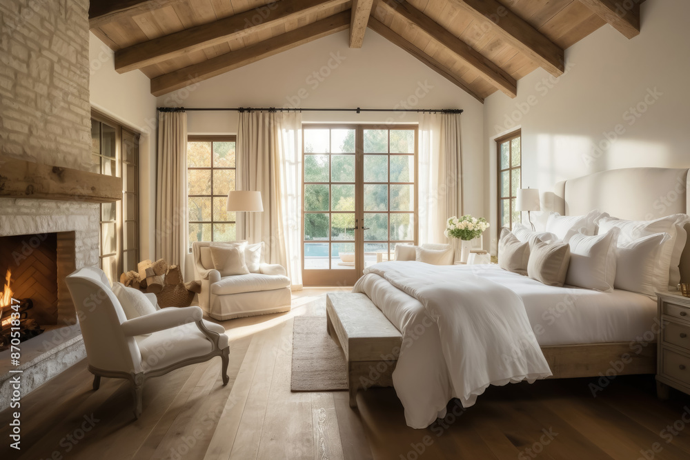 A large bedroom with a fireplace, a white bed, and a white chair. The room has a cozy and inviting atmosphere