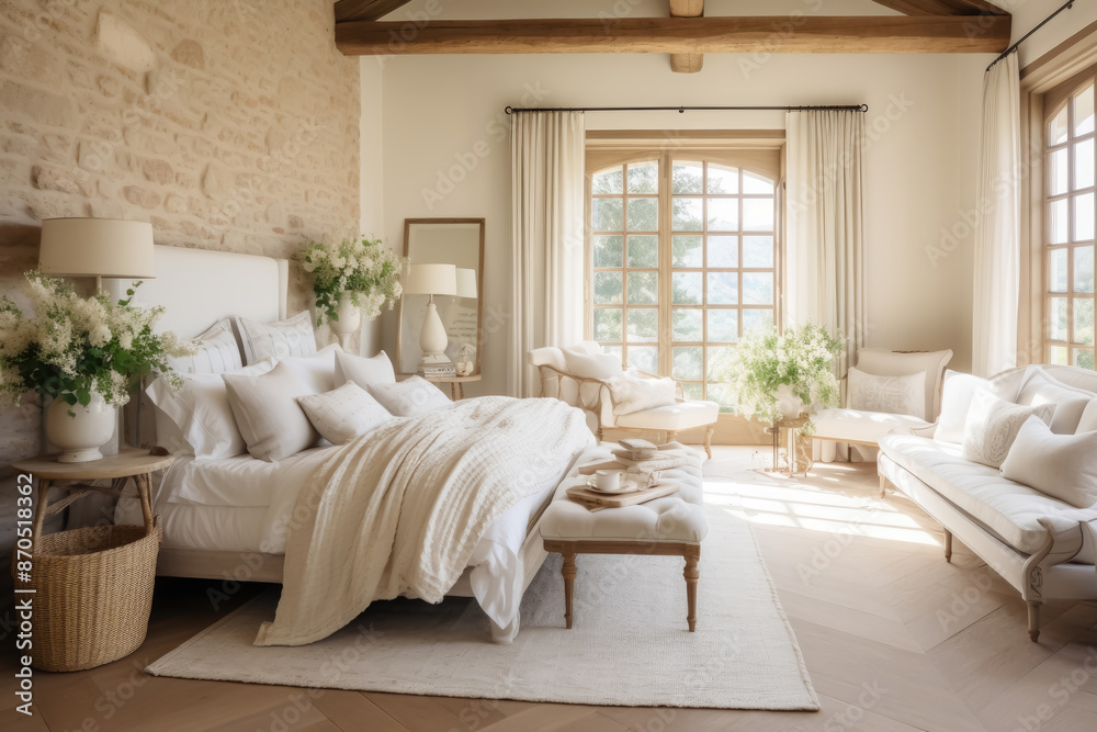 A large bedroom with a white bed, white curtains, and white furniture. The room has a clean and minimalist look, with a few decorative elements such as vases and flowers
