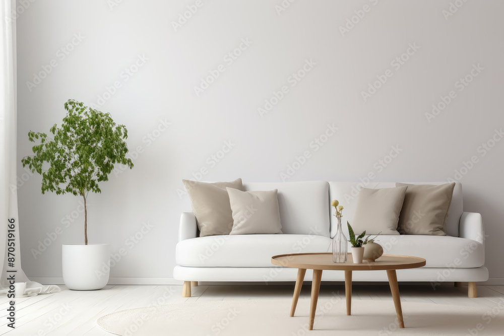 A white couch sits in front of a white wall. A vase sits on the coffee table A white couch sits in front of a white wall. A vase sits on the coffee table