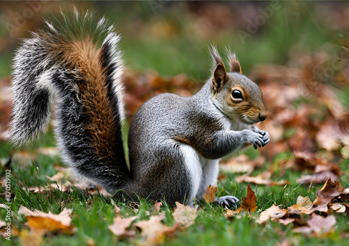 Playful Gray Squirrel in Autumn Leaves