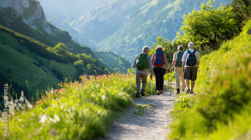 A group of four hikers walk along a winding mountain path, enjoying the scenic view. photo