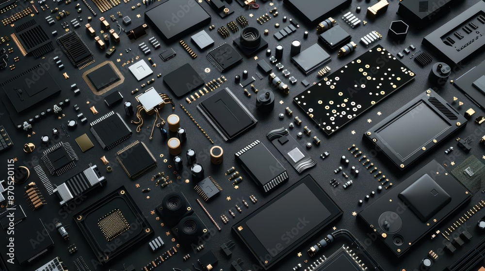 meticulously arranged electronic components on sleek surface geometric patterns formed by circuit boards resistors and microchips meticulously arranged electronic components on sleek surface geometric patterns formed by circuit boards resistors and microchips