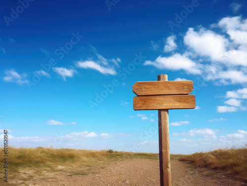 A Wooden Direction Signpost on a Scenic Pathway under a Clear Blue Sky with White Clouds