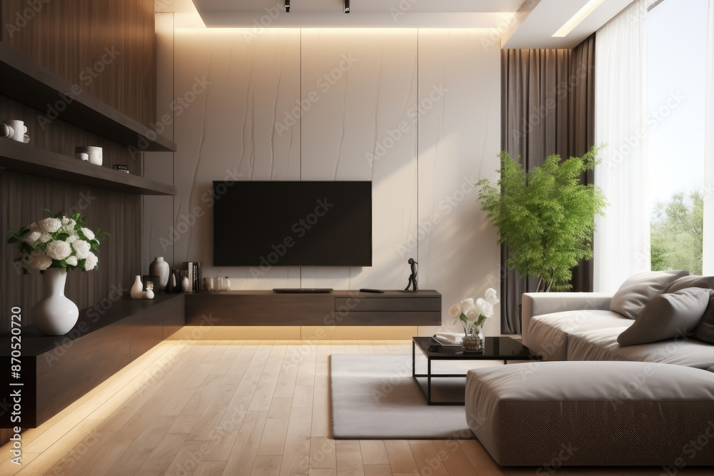 A modern living room with a large flat screen TV, a couch, and a potted plant. The room has a minimalist design and a clean, uncluttered look A modern living room with a large flat screen TV, a couch, and a potted plant. The room has a minimalist design and a clean, uncluttered look
