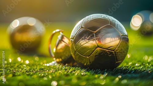 Football Soccer Ball Resting on Lush Green Grass Field Under Golden Sunset Sky Outdoor Sports and Recreation Equipment for Team Competition photo