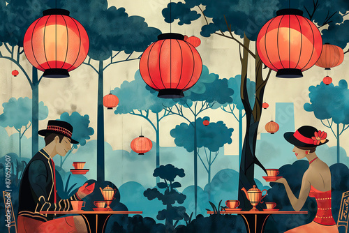 A dreamy Art Deco illustration depicting a lavish tea party. Guests dressed in jazz costumes are sipping tea in a garden. Image generated by AI photo