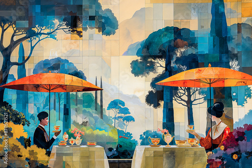 A dreamy Art Deco illustration depicting a lavish tea party. Guests dressed in jazz costumes are sipping tea in a garden. Image generated by AI photo