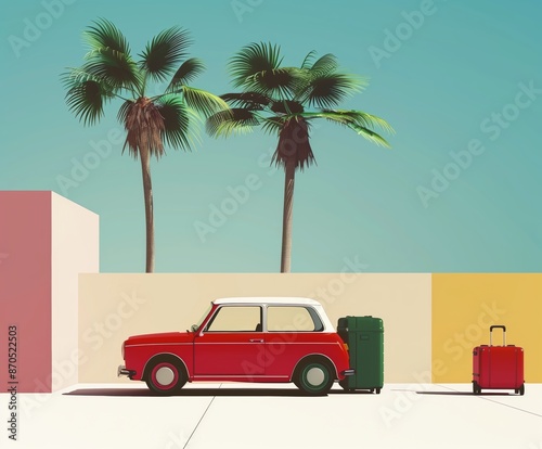 A retro red car is parked against a pastel-colored wall under a clear blue sky, evoking a sense of nostalgia and adventure.