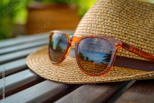 Close-up of Stylish Sunglasses and a Sun Hat, Perfect for Summer Beach Days