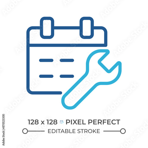 Scheduled maintenance two color line icon. Car service appointments. Repair services. Calendar and wrench bicolor outline symbol. Duotone linear pictogram. Isolated illustration. Editable stroke