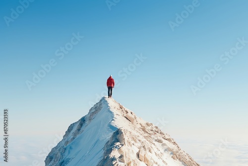 A man stands alone on a snow-capped mountain peak. He is wearing a red jacket and black pants. The sky is clear and blue. The sun is shining brightly. The man is looking out at the view.