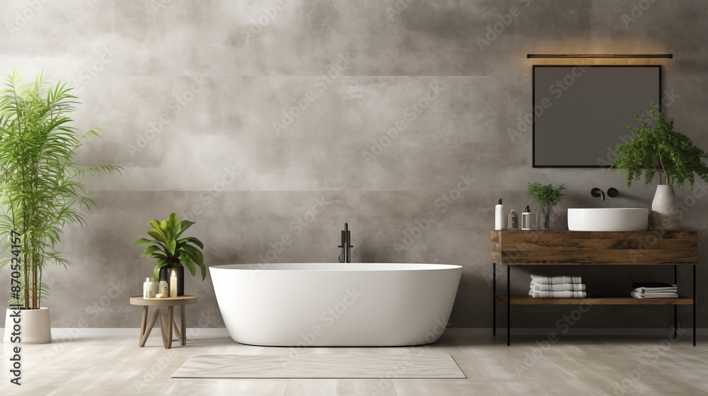 Luxurious contemporary designer bathroom with white bathtub in modern house interior Luxurious contemporary designer bathroom with white bathtub in modern house interior