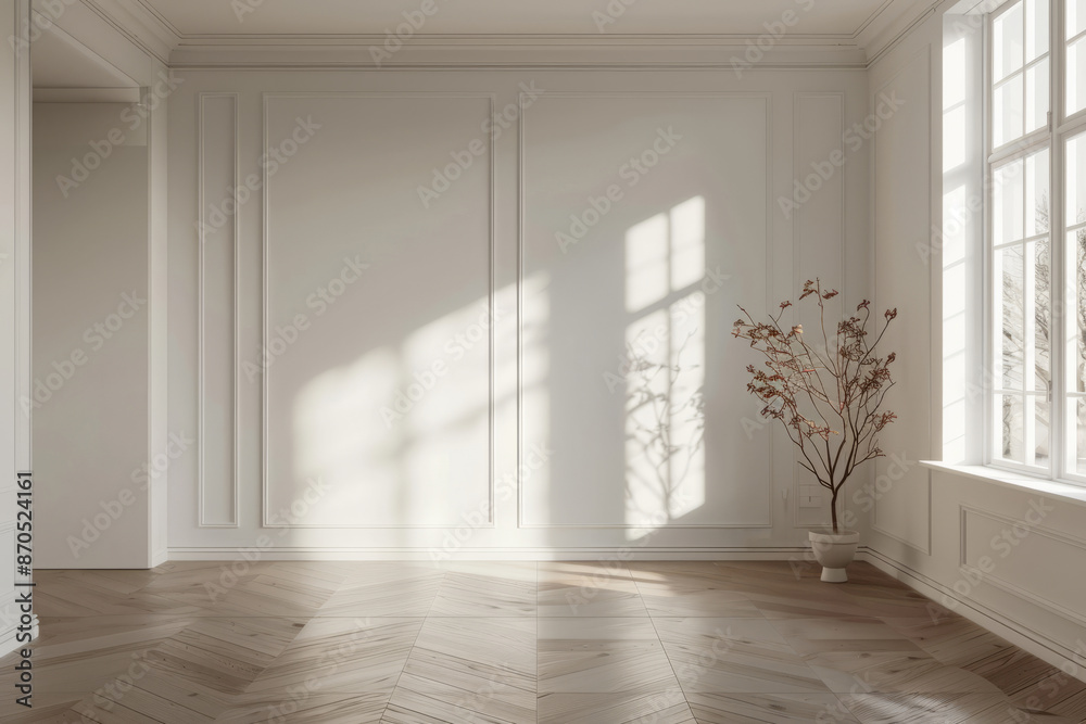 Fototapeta premium Empty room in scandinavian style, light filled interior with big windows and tree in a pot