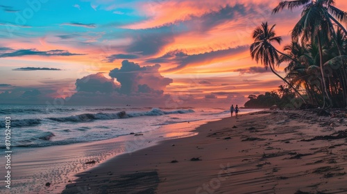 A serene beach at sunset with colorful skies, calm waves, and palm trees, a couple walking along the shore, Professional travel photography, --ar 16:9 Job ID: f2b6d925-6c47-4be8-8f33-bf37c7b06cd0