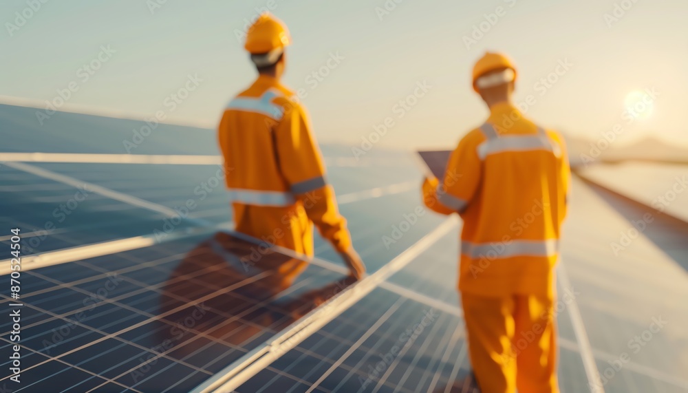 Two engineers in hard hats and safety vests inspect a large solar panel array. Blur image. Two engineers in hard hats and safety vests inspect a large solar panel array. Blur image.