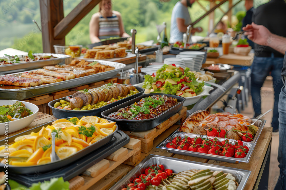 Obraz premium Summer Potluck Picnic Friends Gather for a Delicious Communal Meal with Variety of Dishes, Salads, and Desserts, Enjoying Food, Laughter, and Good Company in the Outdoors