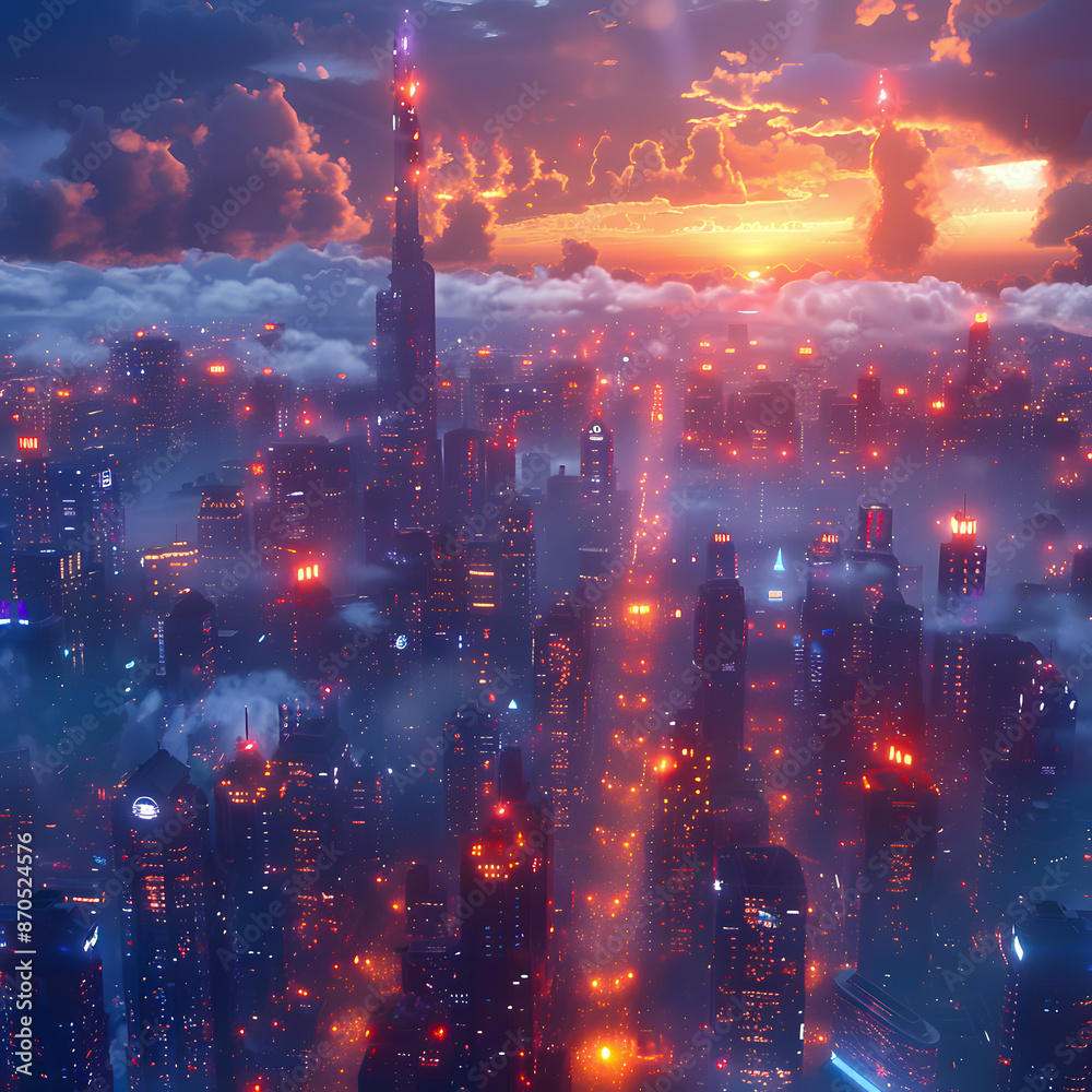 Obraz premium Futuristic cityscape with illuminated skyscrapers at sunset, blending vibrant urban lights and dramatic clouds in a stunning skyline view.