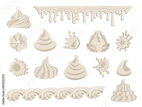 Vector set  meringues and creams isolated from background. Cream swirls. Food liquid cream  top of cakes. Set of whipped cream in various forms.Tasty food cliparts for recipes, stickers. 